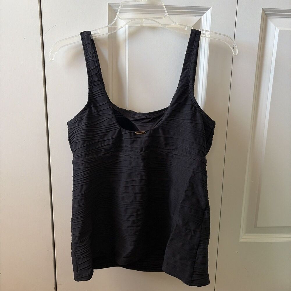 Lands' End Women's 10 Black Textured Tankini Swim Top Built in Shelf Bra - Picture 2 of 3